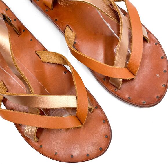 Beek Sparrow Flat Sandals Rose Gold Strappy Brown Leather Slip On Open Toe Sz 9 - Picture 6 of 12